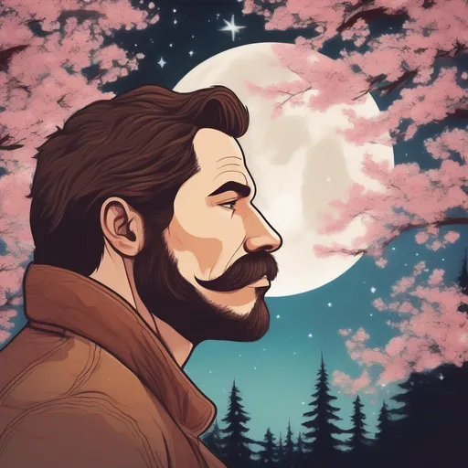 Prompt: A profile beautiful and colourful picture of a handsome man with brunette hair and a mustach, is surrounded by Sitka Spruce trees, cherry blossom flowers, a brown bear, framed by the moon and constilations