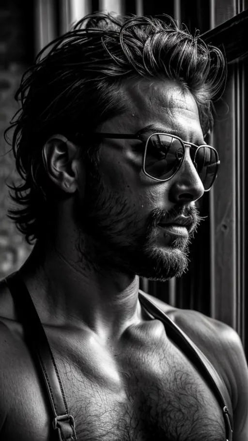 Prompt: Sensual, shirtless, rustic man from a random country, wearing sunglasses and a leather harness, lying on an abandoned place near a window, cinematic, close-up portrait, grayscale, hyperrealistic, hyperdetailed, ambient light, perfect composition, provocative, textured skin.