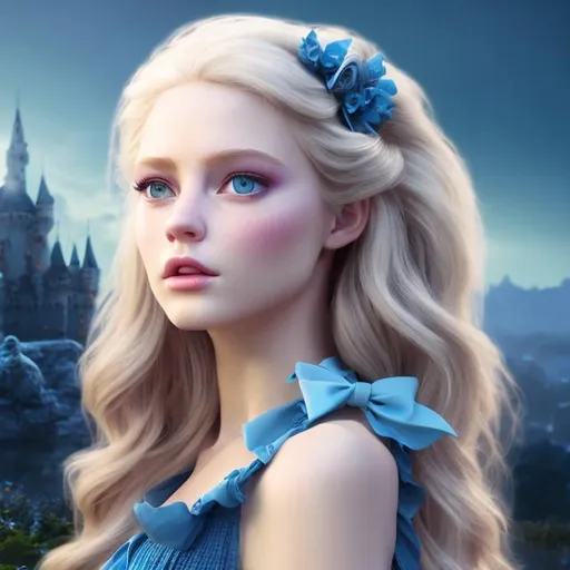 Prompt: 4k 3D professional modeling photo live action human woman hd hyper realistic beautiful english woman blonde hair fair skin blue eyes beautiful face blue white and black dress black bow headband enchanting mystical wonderland landscape hd background with live action magic full body in wonderland