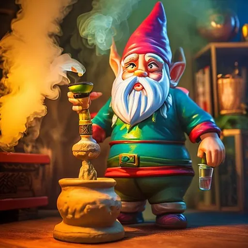 Prompt: A gnome smoking weed out of a large hookah blowing smoke out of his nose