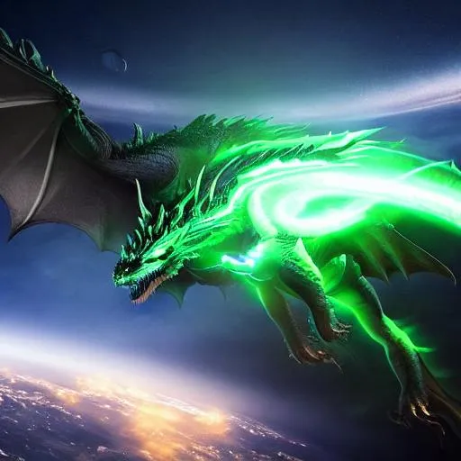 Prompt: Centered image of an Enormous  space dragon with glowing green eyes , ultra white skin , 4k, Hdr, ultra realistic, 3d model. Good illumination over the dragon . 8k 