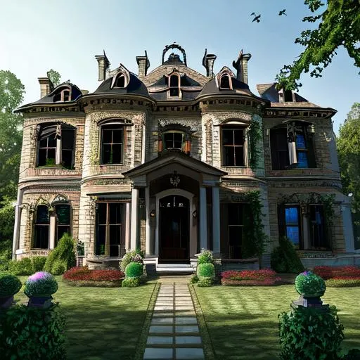 Prompt: Beautiful mansion, exterior, great gates, shiny windows, three floor, attic, sloop roof, slim towers, trees, garden, gateway