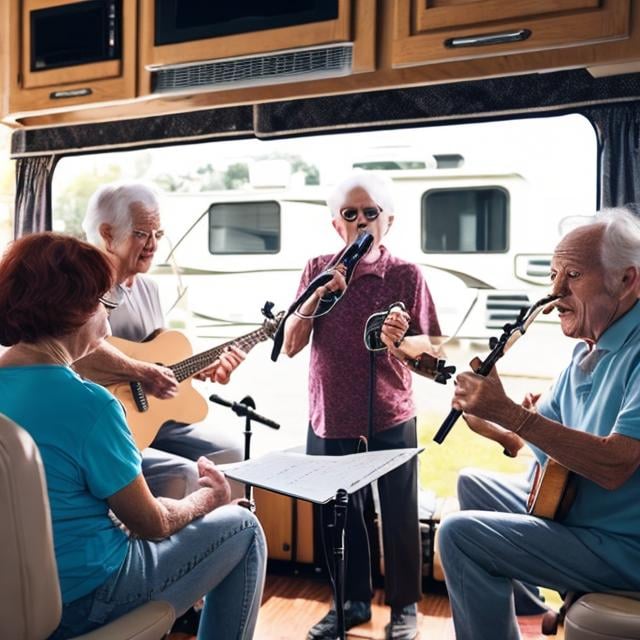 musical band (old peopleP practicing inside a RV