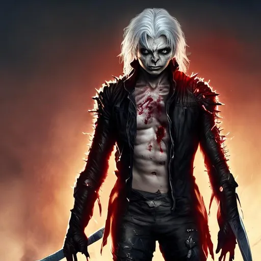 Prompt: human, young, long white hair, men, mutant, scars, blood, boy, black leather clothes, sword