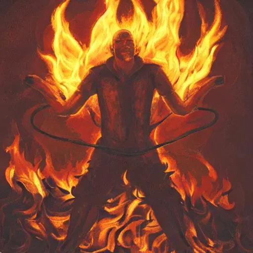 Prompt: a man of fire among the flames and light.