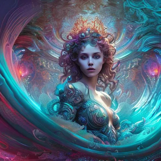 Prompt: beautiful Queen of the fae, in the ocean, in spiral wave water, fractal, glorius background, perfect face, realistic, full body, standing on ground, circuit board, in intricate clothing, fantasy, illustration, artstation, very complex hyper-maximalist, overdetailed, cinematic, tribal, darkfantasy, 8k resolution, Ultra-detailed 3D Octane Render, photorealistic concept art, Sharp Focus, Perfect Composition, intense shadows, intense lighting, wallpaper, HDR, high quality, high-definition