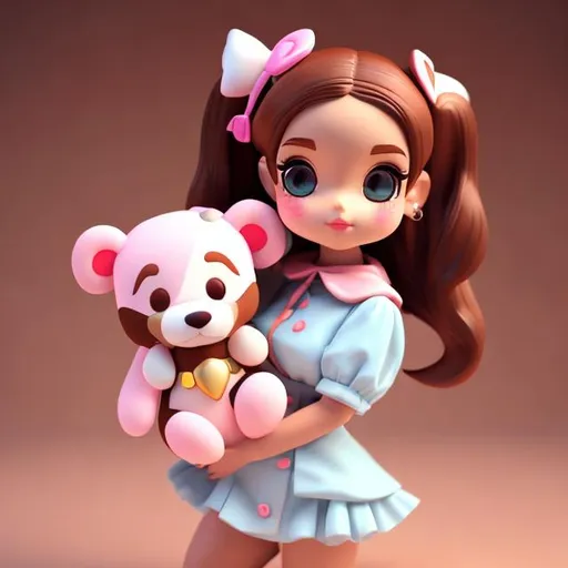 Prompt: tiny cute girl toy holding teddy bear toy, standing character, brown ponytail, red dress, soft smooth lighting, soft pastel colors, skottie young, 3d blender render, polycount, modular constructivism, pop surrealism, physically based rendering, square image
