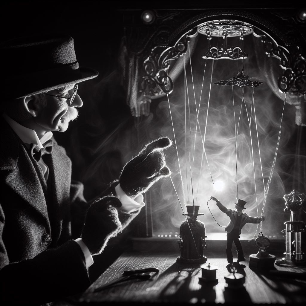 Prompt: black and white photo that capture the grand master puppet master doing his magic work