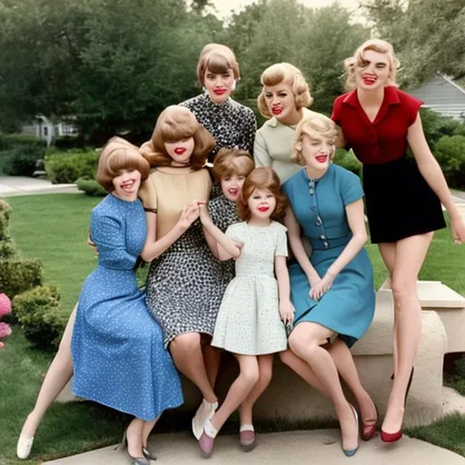 Prompt: Taylor Swift as a 1960s era housewife and a young Kate Winslet as 1960s era neighborhood friend over at a friends smiling with children.