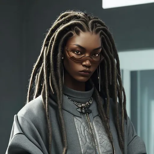 Prompt: dark skin woman with locs in Balenciaga outfit. Symmetrical face and eyes, dreamy eyes. Smirk. 1080p. hyper realistic.