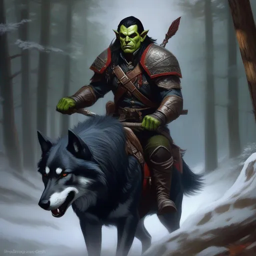 Prompt: oil painting portrait of an Orc scout with box, riding a large wolf, forest background, bold brushstrokes, best quality, masterpiece, sharp focus, ultra smooth, ultra clean, ultra high res, ultra sharp, hyperdetailed, ultra-realistic, UHD, gothic horror, dark fantasy, (((style of Carmilla vampire official art))),