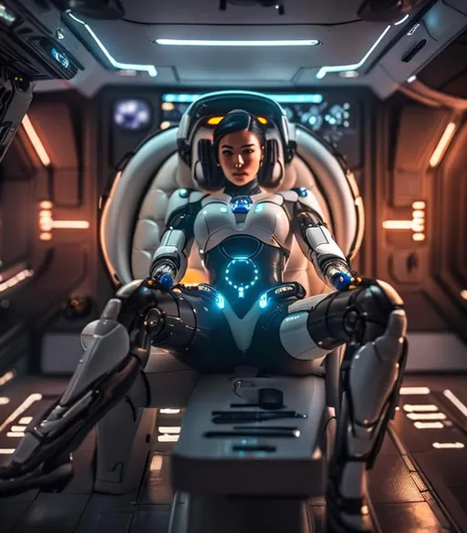 Prompt: ((best quality)), ((masterpiece)), ((realistic)), (detailed) illustration photographic , a spaceship pilot in a latex suit with robotic limbs, laying down in a pod, in a cyberpunk setting, cyborg, implants, high details, realistic, photorealism, 8k, perfect composition, hd octane render ,high resolution scan, masterpiece, hyperrealism, delicate detailed complex, highly detailed, intricate detailed, volumetric lighting, light reflection, highly detailed concept art, trending on artstation, vivid colors,
(((close up face shoot))), dim lights, 8k uhd, realistic, Nikon z9, raytracing, focus face, (sharpness:2. 0)