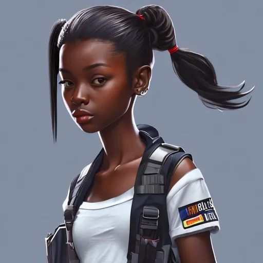 Prompt: realistic
girl ,wearing side pockets, crop top, long pony tails, with a gun, dark skinned 
