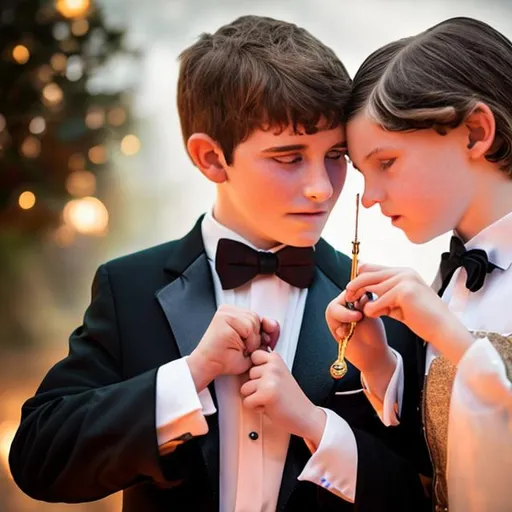 Prompt: 13 year old boy in a tuxedo cast a magic spell on a girl with his magic wand  to make her love him.