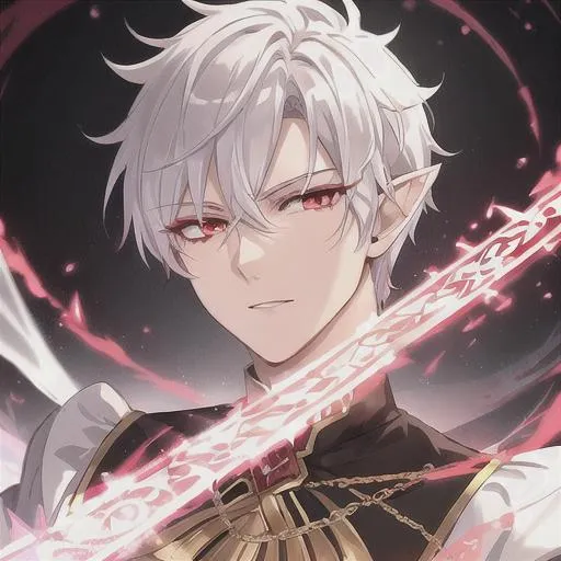 Prompt: Handsome Elf male, short white hair, extremely detailed Red sparkling eyes, a young anime man with short white hair, detailed red glowing eyes, an optimistic expression, wearing a black vampire outfit with golden chains,  fantasy, clear sparkling red glowing eyes, red eyes, intricately detailed eyes, short white hair, intricate, highly-detailed, large landscape, mechanics, dramatic lighting, gorgeous face, lifelike, stunning, anime young man face, white luxurious hair with a fringe haircut, digital painting, large,  illustration, concept art, smooth, sharp focus, highly detailed painting, looking and smiling at viewer, full body, photography, detailed skin, realistic, photo-realistic, 8k, highly detailed, full length frame, High detail, showing full body, full body art 