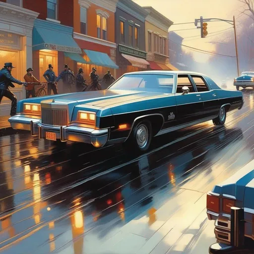 Prompt: Watch Dogs, car chase, cops, cartoony, rainy atmosphere, extremely detailed painting by Greg Rutkowski and by Henry Justice Ford and by Steve Henderson