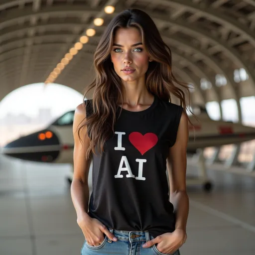 Prompt: @A7VYmrZm1LrCgjkeWY6A is wearing a solid ladies sleeveless black t-shirt with "I ❤ AI" written in white block letters in a serif font, the ❤ is colored red, the "I ❤" is above the "AI" on the front tucked into light blue jeans.  She's in a hangar at a spaceport in front of a futuristic, Star Wars inspired, spaceship that is parked at an angle some distance behind here. Her hands at her side. Photorealistic, cinematic.