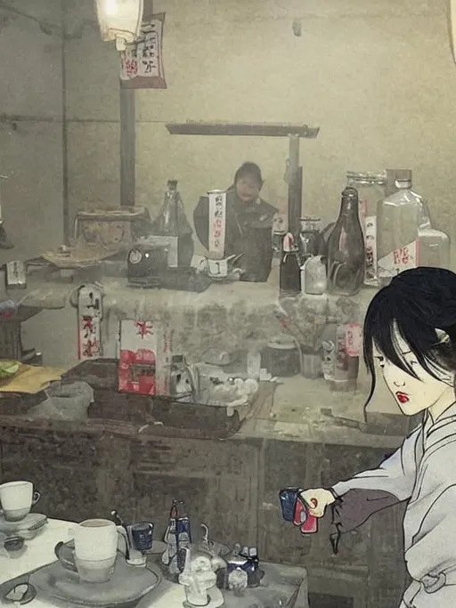 Prompt: I’m very happy Japanese woman, serving sake in an apocalyptic background
