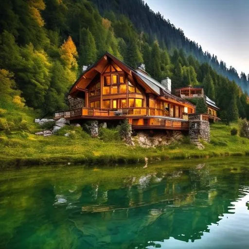 Prompt: nice house in the forest mountains
by a lake




