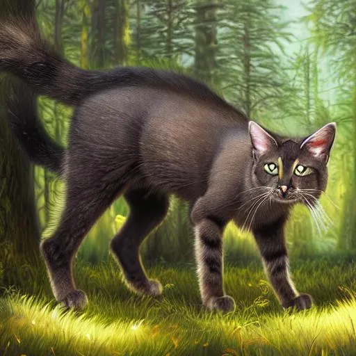 Prompt: Erin hunter, warrior cats, realistic cat, detailed fur, realistic  realistic fur, eye, oil painting, anime, fullbody, forest background, high quality, Spotted fur, dark spots, dark fur, cat in a dark creepy forest, shadows, lighting, clear picture, 4k 