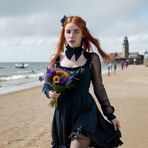 Prompt: <mymodel> Gothic styled young girl with freckles, holding a bunch of wildflowers. Bright blue eyes. copper colored hair. wearing a Gothic dress. Walking on the UK Southwold pier. Midday. Clear sky.  Vivid color saturation. dramatic light, dreamlike light, photorealism, ultra detail, 100mm, f 1.2 --ar 6:9 --testp --style raw