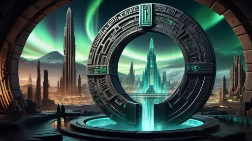 Prompt: magical portal between cities realms worlds kingdoms, circular portal, ring standing on edge, upright ring, freestanding ring, hieroglyphs on ring, complete ring, ancient aztec architecture, atlantis city plaza setting, aurora borealis, panoramic view, dark night, futuristic cyberpunk tech-noir setting