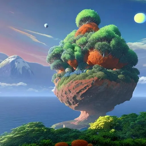 Prompt: an island in the sky with orange bushes and trees and a egg shaped  rock on top that has a blue aura that fades to green coming out of the top
 