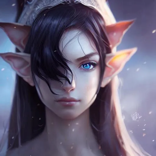 Prompt: Closeup face portrait of an elf, smooth soft skin, big dreamy eyes, beautiful intricate black hair, symmetrical, anime wide eyes, soft lighting, detailed face, by makoto shinkai, stanley artgerm lau, wlop, rossdraws, concept art, digital painting, looking into camera