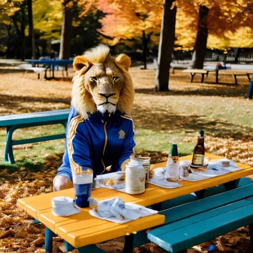 Prompt: lion wearing a gold and blue track suit relaxing at a picnic table in a park with fall foliage with a pint of beer