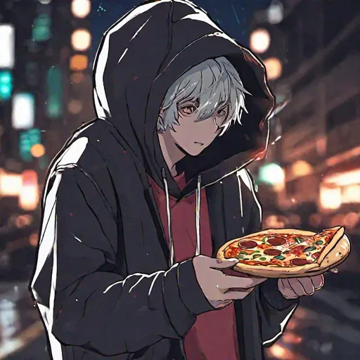 Prompt: anime man wearing hoodie eating pizza in dark street