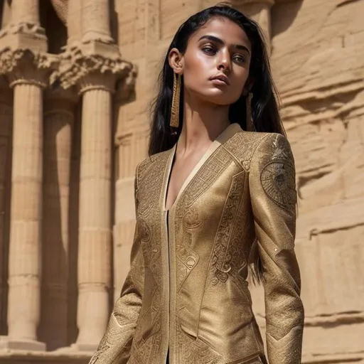 Prompt: A modern youth suit, golden color with Pharaonic engravings