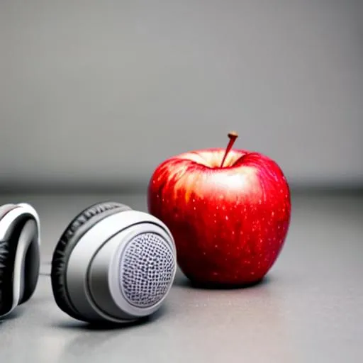 Prompt: headphones plugged into a red apple sitting next to a microphone