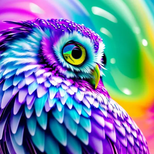 Prompt: Swirling pastel owl made of bubbles and droplets, vibrant and pastel colors, high quality, abstract, dynamic, bubble art, splashes of color, flowing shapes, detailed owl head, dynamic and vibrant, vibrant bubbles, vibrant droplets, modern, artistic, colorful, vibrant lighting, abstract Art, pastel