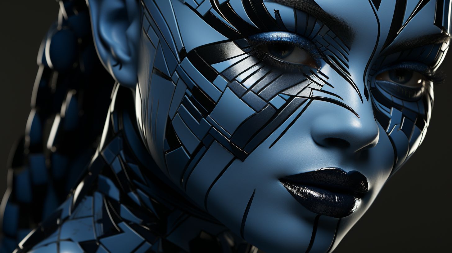 Prompt: Digital art of a face patterned with stripes, where the surface mirrors chrome reflections. The scene is enhanced by quantum wavetracing, offering a unique visual experience. The backdrop blends light bronze and dark blue, alluding to a multimedia installation with strong futurist influences. Certain features stand out with selective focus.