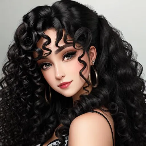 Prompt: A beautiful woman dressed in black, long very curly hair, facial closeup