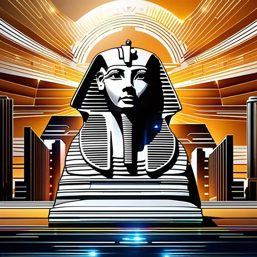 Prompt: Craft a mesmerizing, ultra-detailed image that envisions a futuristic reinterpretation of the Great Sphinx of Giza. Set against a backdrop of a vibrant, bustling metropolis, the Sphinx stands as a marvel of technology and architecture. Its sleek, polished surface gleams in the sunlight, composed of cutting-edge materials that seamlessly integrate with the environment. Lines of energy course through its form, giving it an otherworldly aura. The face of the Sphinx retains its regal expression, but with a hint of enigmatic digital life in its eyes. Surrounding the Sphinx, holographic displays and ethereal projections tell stories of civilizations past and future. Advanced aerial vehicles whirr above, paying homage to the original monument's significance while embracing the possibilities of technology. This image captures the intersection of ancient history and a boundless future. Ensure the best resolution and the highest quality of the image.
