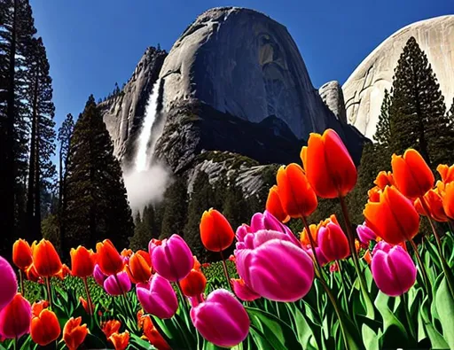 Prompt: tulips, half dome, Georgia O'Keefe study, triadic colors, photorealistic, national parks, the golden ratio "Spring in Yosemite Park Bridal Veil Falls, trees in bloom, rabbits, squirrels, and deer roam the park, triadic colors, Andy Warhol, Jean Jaques Basquiat"