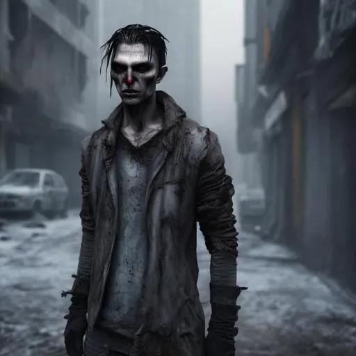 Prompt: Vampire, dystopian clothing, grey skin, fangs, set in the post-apocalyptic city