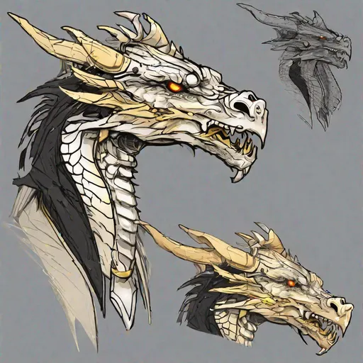Prompt: Concept designs of a dragon. Dragon head portrait. Dragon has four legs and a set of wings. Side view. Coloring in the dragon is predominantly black with light gold streaks and details present.