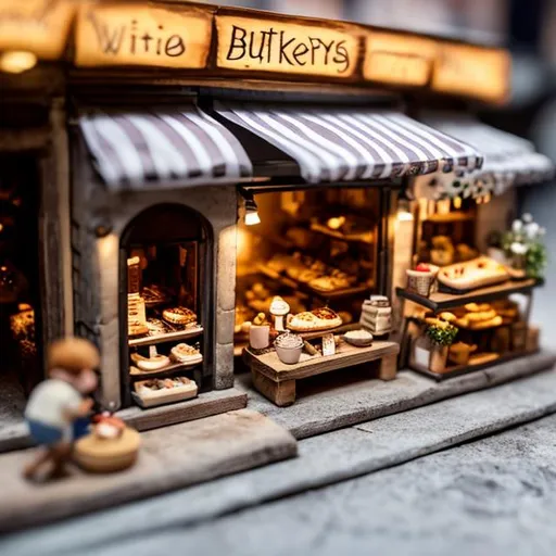 Prompt: Tiny wooden bakery, tiny people, stone oven, busy customers at night 