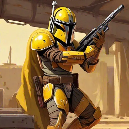 Prompt: A male mandalorian warrior in yellow Crusader armor. He wields a rifle. He is shooting from behind a wall. In background an hangar. Marvel art. Star wars art. Comics art. 2d art. 2d.
  