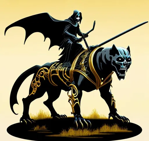 Prompt: grim reaper riding on a panther. black and gold colors