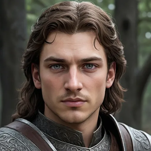 Prompt: hyper-realistic young human male, He has the long face of the Starks.He has dark brown hair and grey eyes, so dark they almost seem black. He is graceful and quick, and has a lean build. Jon resembles his father, Lord Eddard Stark,and has more Stark-like features than any of his half-brothers., fantasy character art, illustration, dnd, 