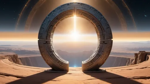 Prompt: circular stargate, gateway between worlds, ring, ring standing on edge, complete ring, panoramic view