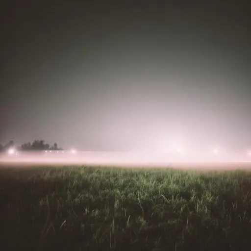 Prompt: In a grass empty field at night with fog and lights