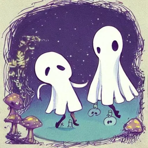 Prompt: A Cute ghost and a cute mushroom dancing together