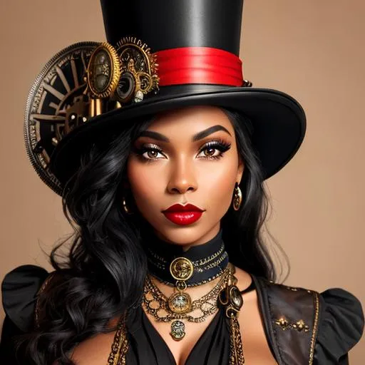 Prompt: black Steampunk woman, pretty face, red lips, tall hat, closeup