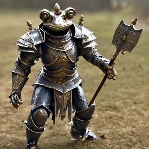 Prompt: A friendly looking realistic bipedal frog knight with battle scars carrying a halberd