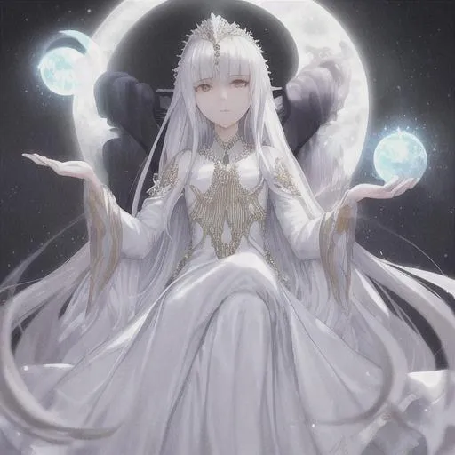 Prompt: Quenn on a throne long white hairs znd long white dress, shining crystal dimond diadem and moon