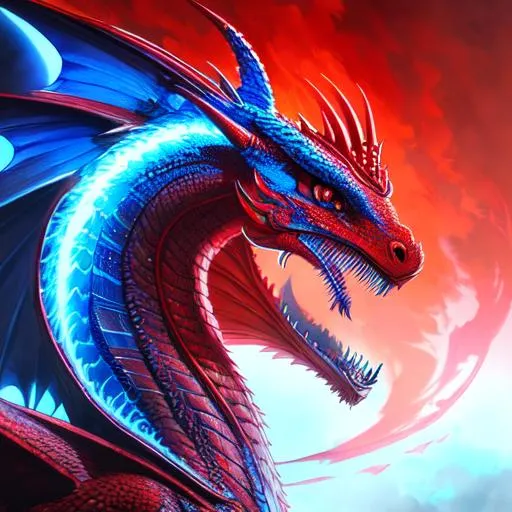 Prompt: a red dragon with blue markings and an intelligent face, perfect composition, hyperrealistic, super detailed, 8k, high quality, trending art, trending on artstation, sharp focus, studio photo, intricate details, highly detailed, by Greg Rutkowski, illustration, watercolor